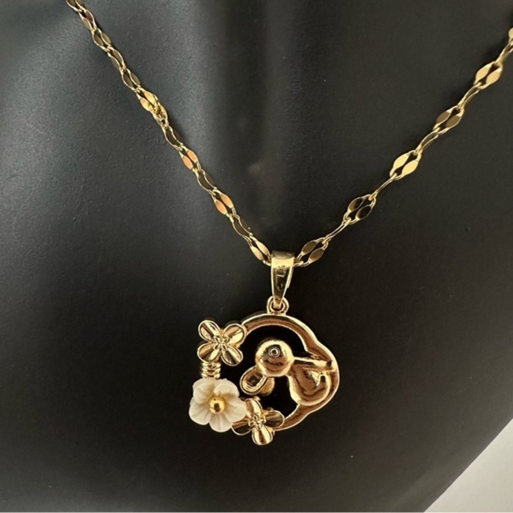 Gold Plated‎ Flower and Rabbit Pendant Necklace